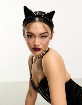 Ann Summers - Halloween - Katzenohren aus schwarzem Velours mit Strass