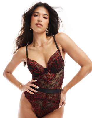 Ann Summers - Hold Me Tight - Body aus Spitze in Schwarz und Rot mit Bügeln-Bunt