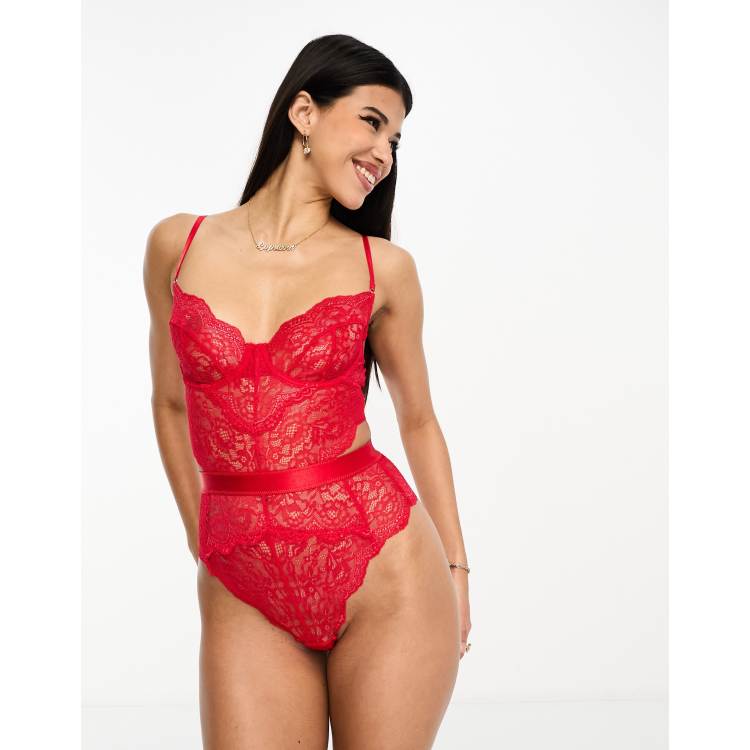 Ann Summers Hold Me Tight Lace Underwired Bodysuit in red | ASOS