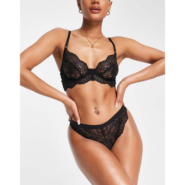 Ann Summers Hold Me Tight lace underwired longline bra and high waist thong  2 piece set in black