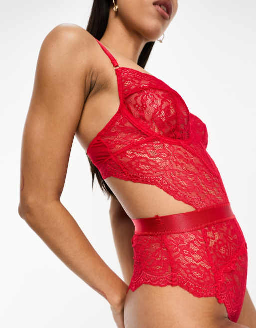Ann Summers - Hold Me Tight - Rød bodystocking i blondestof med bøjle, 3 af 4