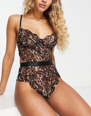 Ann Summers Hold Me Tight Underwired Lace Bodysuit In Animal Print-black
