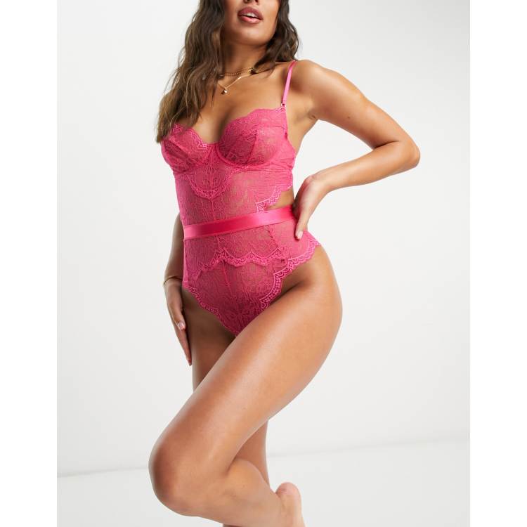 ASOS LUXE satin bandage lingerie set with ties in hot pink