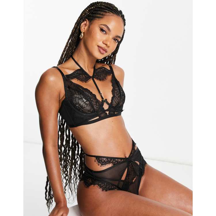 Ann Summers Divine eyelash floral lace non padded bra with lace up center  front detail in black