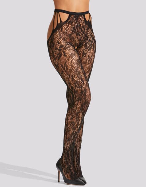 Ann Summers Lace strappy crotchless tights in black - view 1