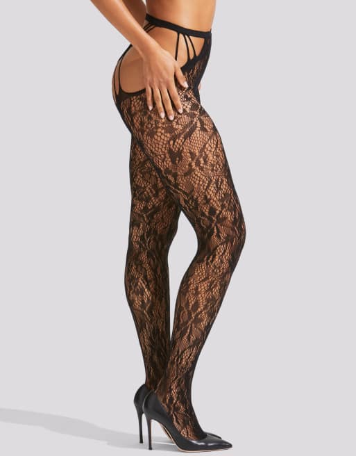 Ann Summers Lace strappy crotchless tights in black, 2 of 2
