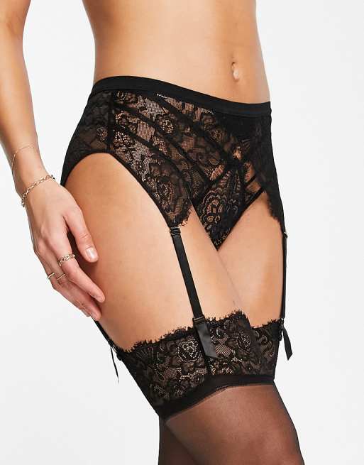 Ann Summers lace suspender belt with lace top stockings set in black