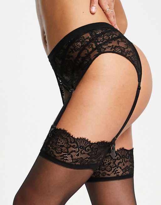 Ann Summers lace suspender belt with lace top stockings set in black