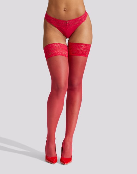 Ann Summers Lace top glossy hold ups in red - view 1