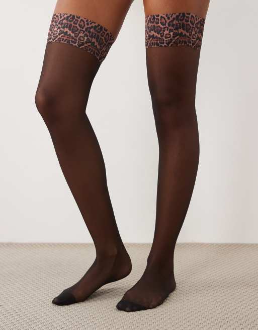 Ann Summers leopard print top hold ups in black, 2 of 4