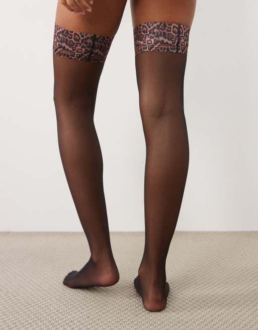 Ann Summers leopard print top hold ups in black, 3 of 4