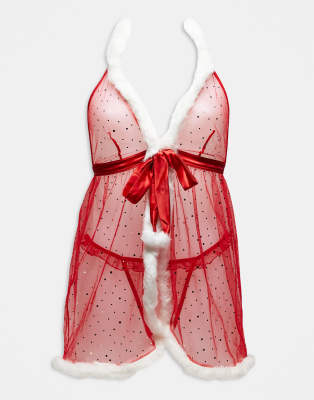 Ann Summers - Let it Snow - Babydoll in Rot mit Details aus Kunstpelz