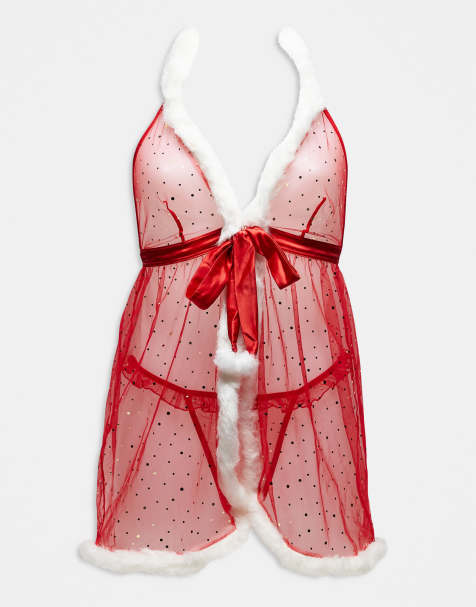 Ann Summers – Let it Snow – Babydoll in Rot mit Details aus Kunstpelz - view 1