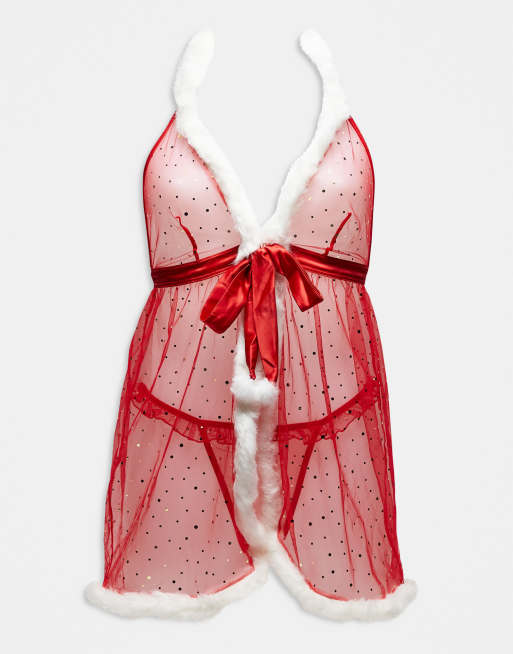Ann Summers – Let It Snow – Röd babydoll med fuskpälsdetaljer