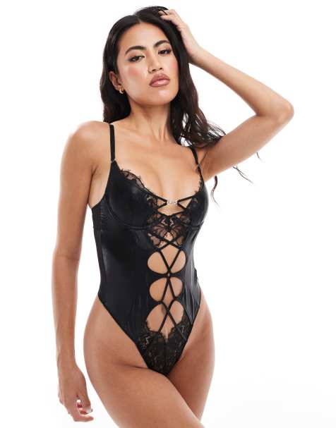 Ann Summers Liberating wetlook PU non padded bodysuit with contrasting eyelash lace in black - BLACK - view 1