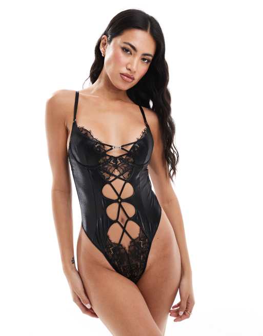 Ann Summers Liberating wetlook PU non padded bodysuit with contrasting eyelash lace in black - BLACK, 3 of 4