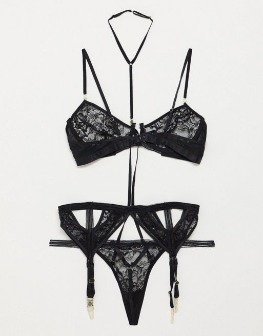 Ann Summers Lively lace and mesh mix bralette and thong set in black | ASOS