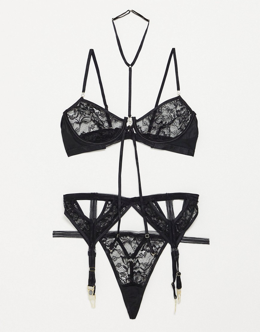 Ann Summers Lively lace and mesh mix bralette & thong set in black