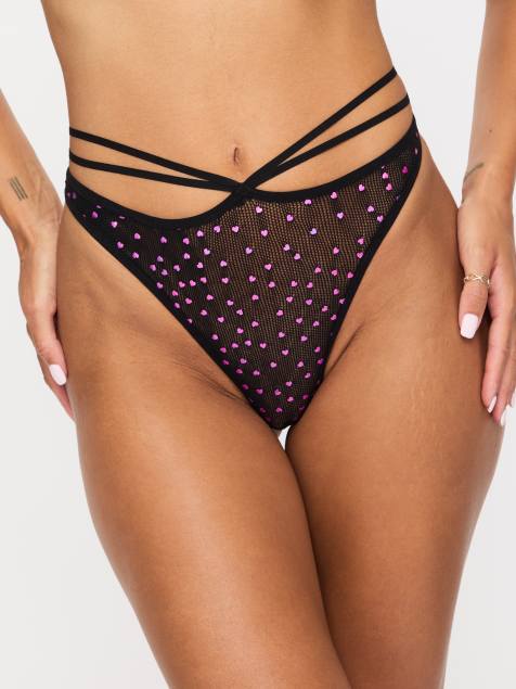 Ann Summers Love me heart sequin crotchless thong in black/pink - view 1