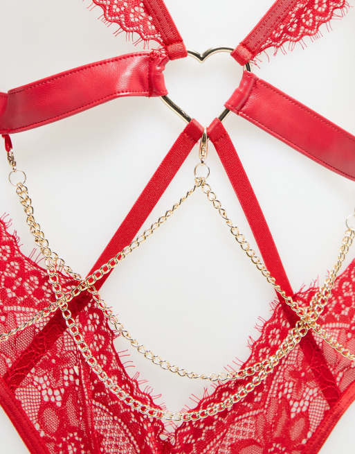 Ann Summers Love Mi Amor crotchless lace bodysuit with heart hardwear in red - RED, 2 of 4