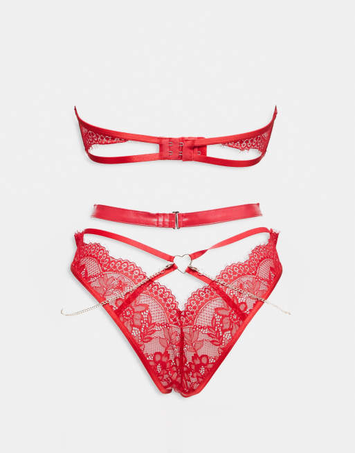 Ann Summers Love Mi Amor crotchless lace bodysuit with heart hardwear in red - RED, 3 of 4