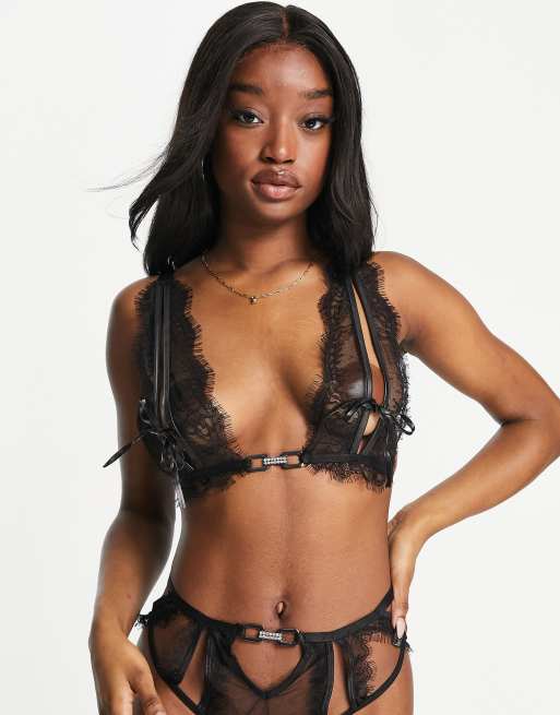 Ann Summers Lulu eyelash lace bralette and high waist thong set with peep  cup and hardware detail in black