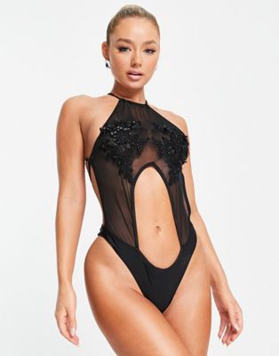 Ann Summers Malibu mesh cut out swimsuit with sequin embroidery in black