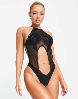 Ann Summers Malibu mesh cut out swimsuit with sequin embroidery in black