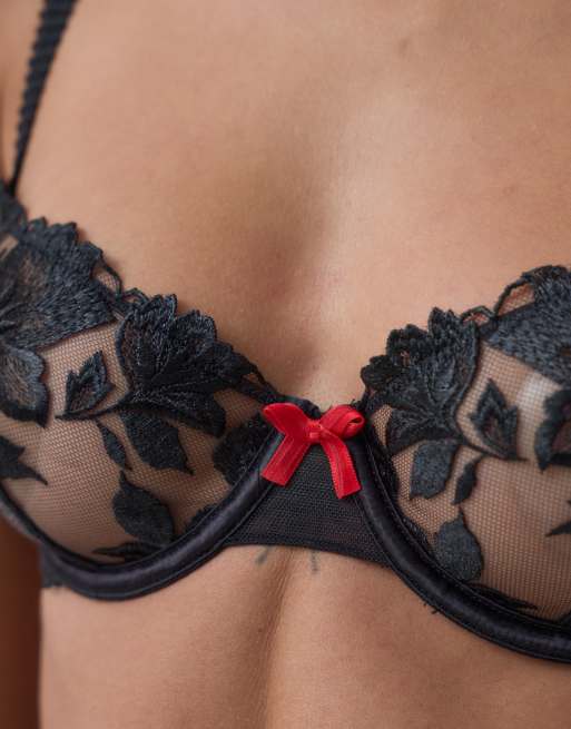 Ann Summers Noir Desire floral embroidery non padded balcony bra in black, 4 of 5