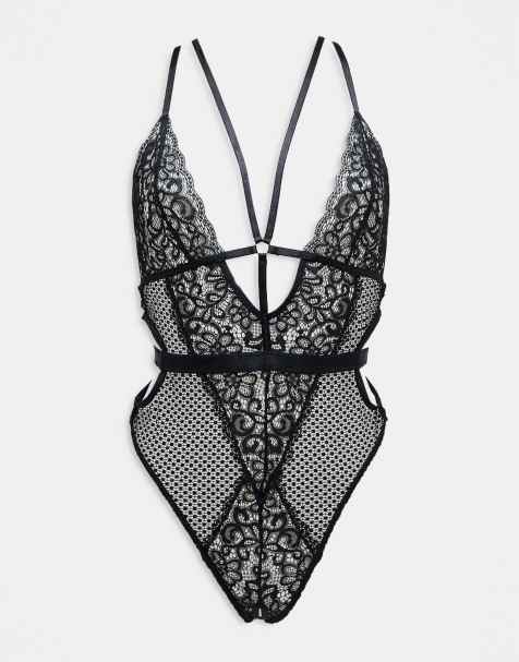 Ann Summers - Obsession - Diepuitgesneden body zonder kruisje met kant, visnet en bandjes in zwart - view 1