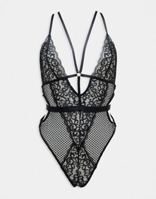 Ann Summers Obsession lace and fishnet plunge front ouvert bodysuit with strapping detail in black