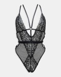 [Ann Summers] Ann Summers Obsession lace and fishnet plunge front crotchless bodysuit with strapping detail in black L BLACK