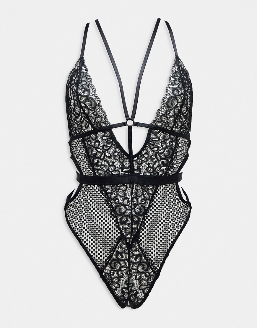 Obsession lace and fishnet plunge front ouvert bodysuit with strapping detail in black