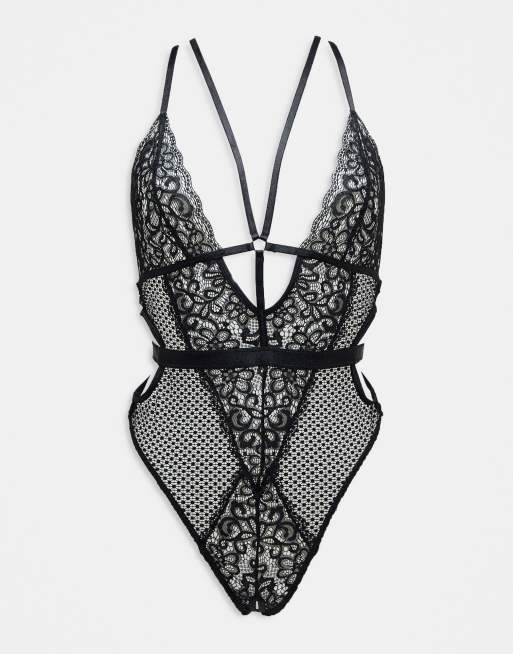 Ann Summers Sweetheart lace and spot mesh underwire bodysuit with lace  frill strap detail in black