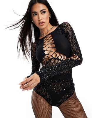 Paisley diamante bodysuit in black