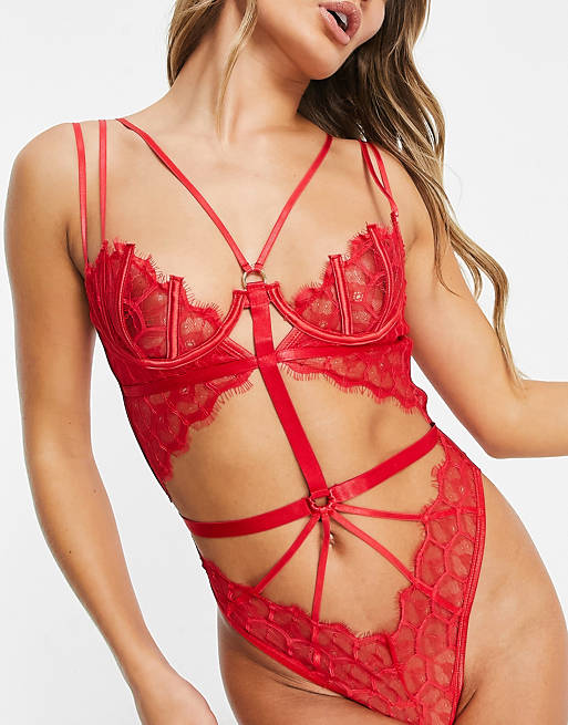 Women Ann Summers Raya lace and strapping detail bodysuit in red 