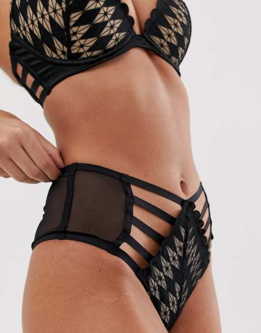 Ann Summers - Reya - Completo intimo reggiseno e slip con motivo a losanghe nero e beige, 3 di 3