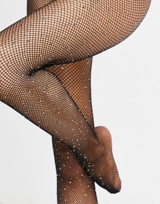 Footed Diamanté Fishnet Tights - Sand or Black