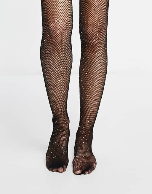 Diamante Embellished Rhinestone Crystal Glitter Medium Diamond Fishnet  Tights Fashion Fashion Style