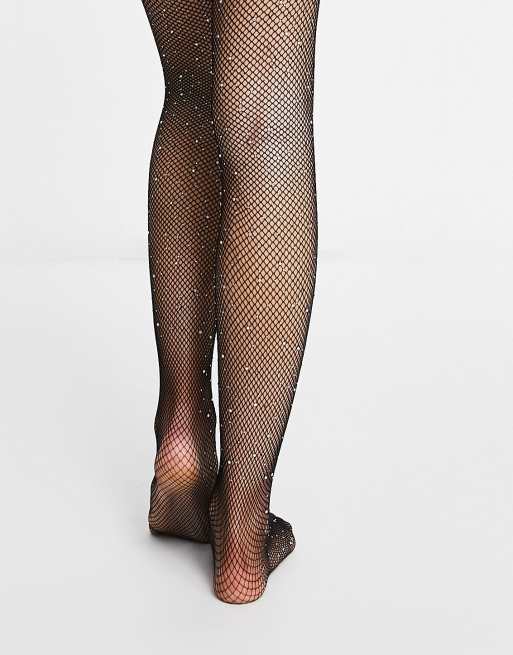 Black Fishnet Tights - Black Rhinestone Tights - High-Rise Tights