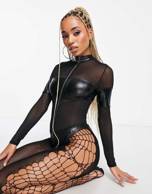 O-Ring- the Mesh Paneled Faux Leather Zip Front Bodysuit Plus