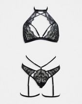 Love & Other Things mesh panel lingerie set with leg harness in black