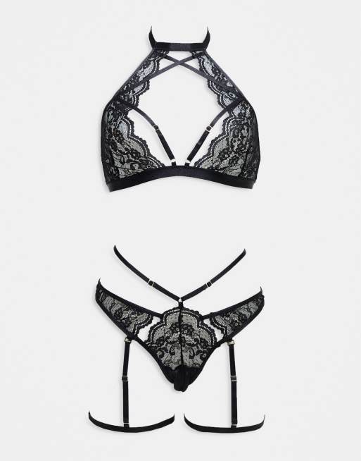 Black Harness Strap Detail Lace 3 Piece Lingerie Set