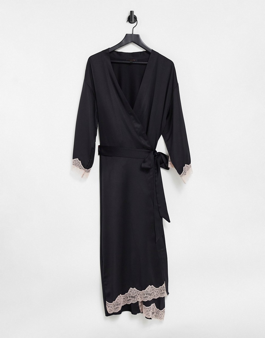 Ann Summers - Selena - Lange satijnen kimono met kanten rand in zwart