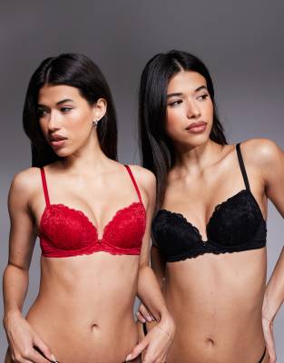 Ann Summers - Sexy Lace - 2er-Pack tief ausgeschnittene BHs in Schwarz und Rot-Bunt