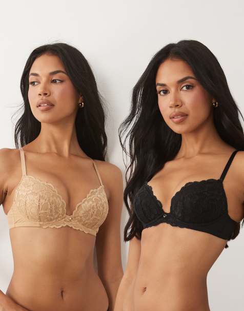 Ann Summers – Sexy Lace – 2er-Pack wattierte BHs in Schwarz und Beige mit tiefem Ausschnitt - view 1