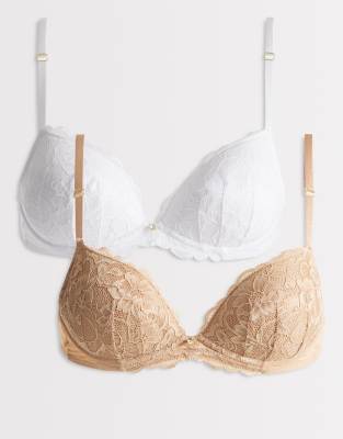 Sexy Lace - Lot de 2 soutiens-gorge pigeonnants à bonnets - Blanc et beige 32F