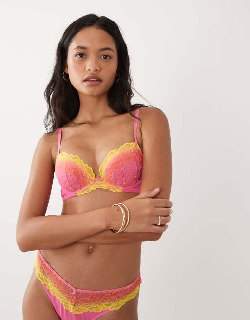 Ann Summers sexy lace ombre padded plunge bra and thong set in pink, 2 of 3