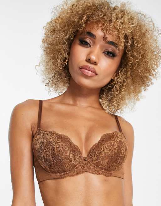 Monki satin bra with lace inserts in dusty brown