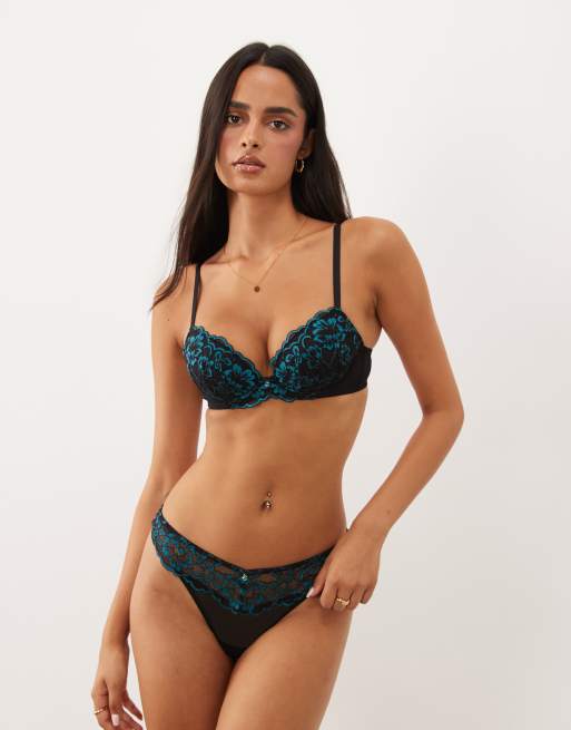 Ann Summers Sexy Lace two tone padded plunge bra in black and teal, 3 of 4